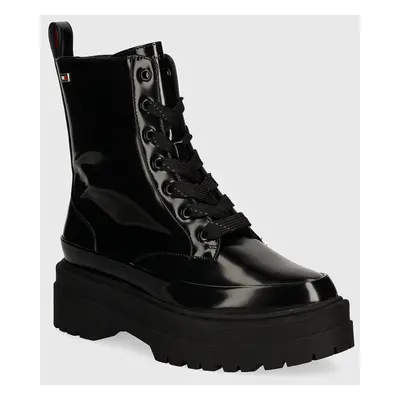 Nízké kozačky Tommy Hilfiger FLAG RAIN LACE UP BOOT dámské, černá barva, na platformě, FW0FW0795