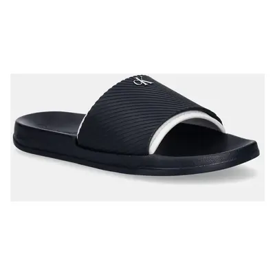 Pantofle Calvin Klein Jeans SLIDE RUBBER NEOPRENE TEXT pánské, tmavomodrá barva, YM0YM01234