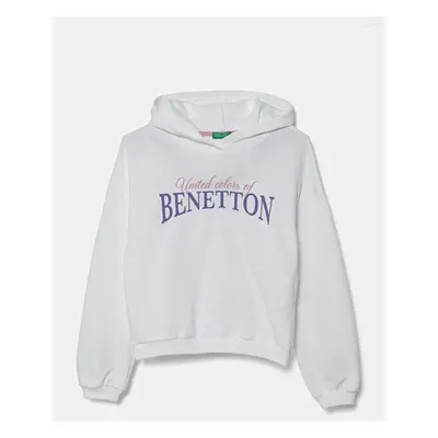 Dětská bavlněná mikina United Colors of Benetton bílá barva, s kapucí, s potiskem, 3J68C204D