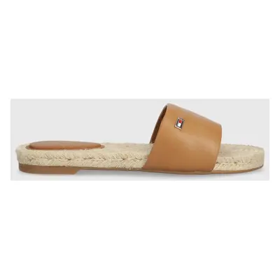 Kožené pantofle Tommy Hilfiger SIMPLE LEATHER FLAT ESP SANDAL dámské, hnědá barva, FW0FW07933