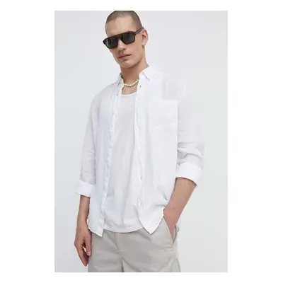 Lněná košile HUGO bílá barva, regular, s límečkem button-down, 50514162