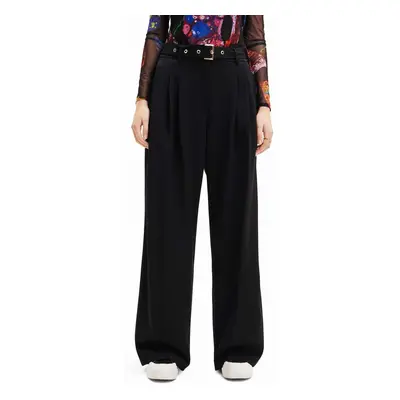 Kalhoty Desigual 23WWPW24 WOMAN WOVEN LONG TROUSERS dámské, černá barva, široké, medium waist