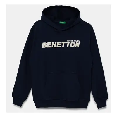 Dětská bavlněná mikina United Colors of Benetton tmavomodrá barva, s kapucí, s potiskem, 3UNIC20