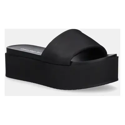 Pantofle Calvin Klein Jeans FLATFORM SANDAL SLIDE IN NYLON dámské, černá barva, na platformě, YW