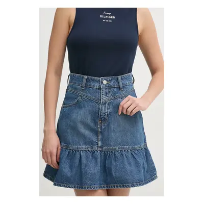 Džínová sukně Pepe Jeans MINI SKIRT HW RUFFLE modrá barva, mini, áčková, PL901209