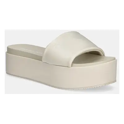 Pantofle Calvin Klein Jeans FLATFORM SANDAL SLIDE IN NYLON dámské, béžová barva, na platformě, Y