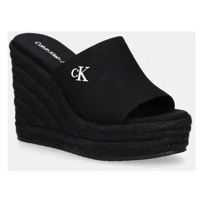 Pantofle Calvin Klein Jeans WEDGE ROPE SLIDE MG dámské, černá barva, na klínku, YW0YW01699