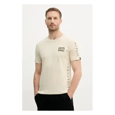 Bavlněné tričko Alpha Industries Camo Sleeve T béžová barva, s potiskem, 156522