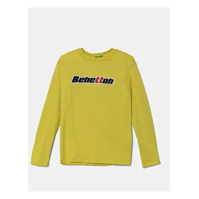 Dětské bavlněné tričko s dlouhým rukávem United Colors of Benetton zelená barva, s potiskem, 3I1