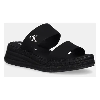 Pantofle Calvin Klein Jeans SPORTY ROPE MG LTH WEBBING dámské, černá barva, na klínku, YW0YW0170