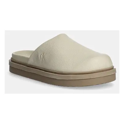 Kožené pantofle Calvin Klein Jeans HOME CLOG SLIDE MG LTH dámské, béžová barva, YW0YW01686