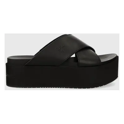 Kožené pantofle Calvin Klein Jeans FLATFORM CROSS MG UC dámské, černá barva, na platformě, YW0YW