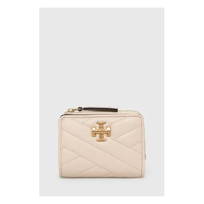 Kožená peněženka Tory Burch Kira Chevron Bi-Fold béžová barva, 153121.122