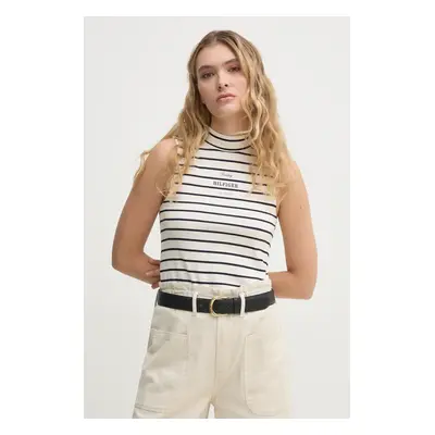 Bavlněný top Tommy Hilfiger béžová barva, s pologolfem, WW0WW44573