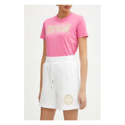 Bavlněné šortky Versace Jeans Couture dámské, bílá barva, s aplikací, high waist, 78HADT00 CF01T