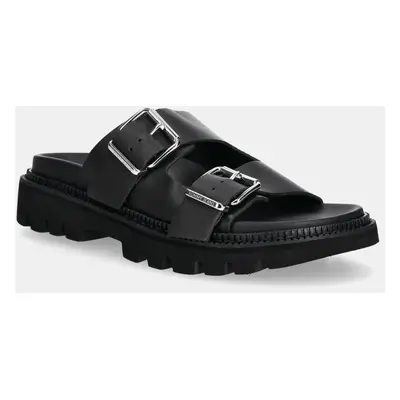 Kožené pantofle Tommy Jeans DOUBLE STRAP SANDAL dámské, černá barva, na platformě, EN0EN02753