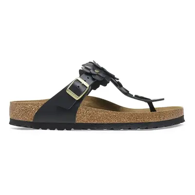 Kožené žabky Birkenstock Gizeh Flowers dámské, černá barva, na plochém podpatku, 1026719