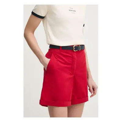 Kraťasy Tommy Hilfiger dámské, červená barva, hladké, high waist, WW0WW42457