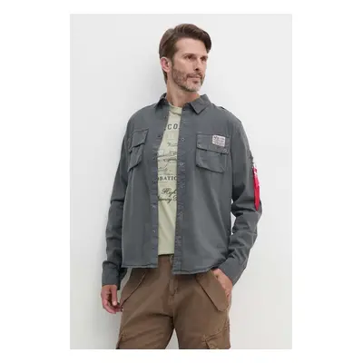 Bavlněná košile Alpha Industries šedá barva, regular, s klasickým límcem, 138420