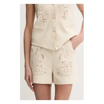 Lněné kraťasy Twinset dámské, béžová barva, hladké, high waist, 251TP2162