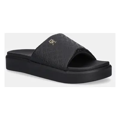 Pantofle Tommy Hilfiger PLATFORM MONOGRAM POOLSLIDE dámské, černá barva, na platformě, FW0FW0852