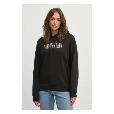 Bavlněná mikina Calvin Klein Jeans dámská, černá barva, s kapucí, s potiskem, J20J225579