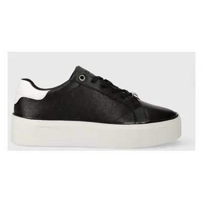 Kožené sneakers boty Calvin Klein FLATFORM C LACE UP - MONO MIX černá barva, HW0HW01870