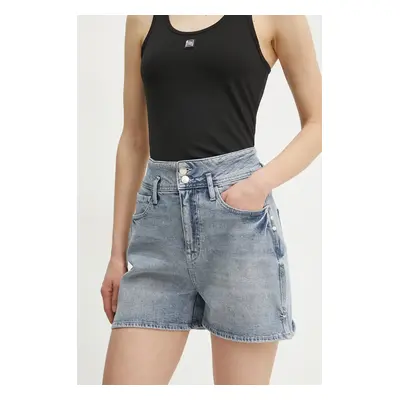 Džínové šortky Armani Exchange dámské, modrá barva, hladké, high waist, XW001053 AF12090