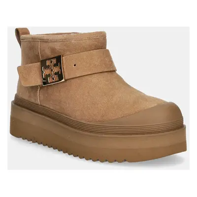 Semišové sněhule Tory Burch Mellow Shearling Platform Boot hnědá barva, 165421-200