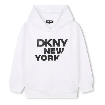 Dětská bavlněná mikina Dkny bílá barva, s kapucí, s potiskem, D62248