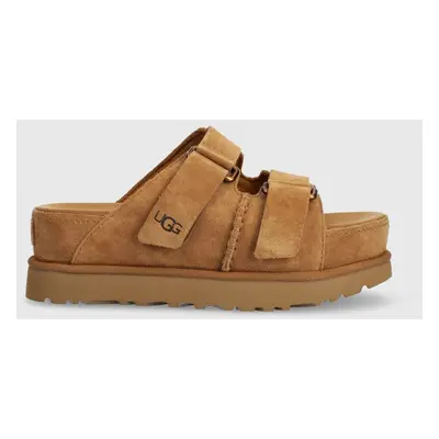 Semišové pantofle UGG Goldenstar Hi Slide dámské, hnědá barva, na platformě, 1155458