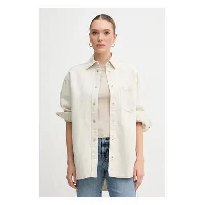 Džínová košile Pepe Jeans OVERSHIRT dámská, béžová barva, relaxed, s klasickým límcem, PL304963T