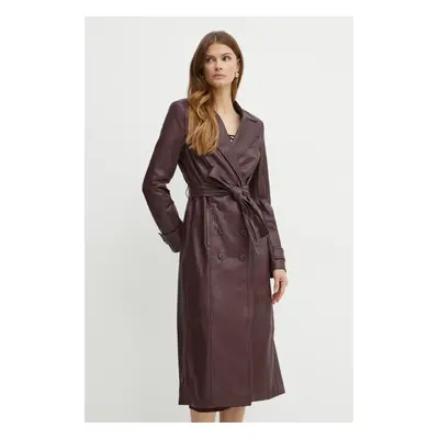 Kabát Bardot VEGAN LEATHER dámský, vínová barva, přechodný, dvouřadový, 59549JB