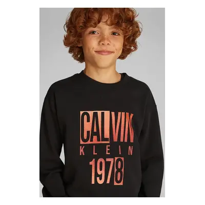 Dětská bavlněná mikina Calvin Klein Jeans černá barva, s potiskem, IB0IB02463