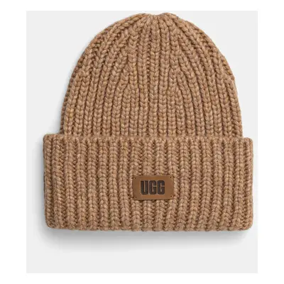 Čepice z vlněné směsi UGG CHUNKY RIB BEANIE hnědá barva, z husté pleteniny, 21687