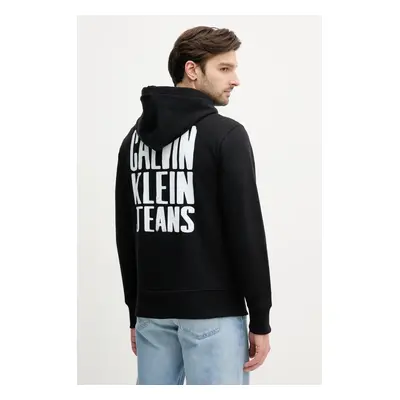 Bavlněná mikina Calvin Klein Jeans pánská, černá barva, s kapucí, s potiskem, J30J327526