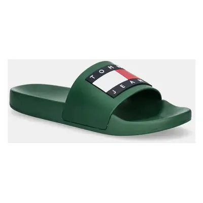 Pantofle Tommy Jeans POOL SLIDE ESS pánské, zelená barva, EM0EM01191