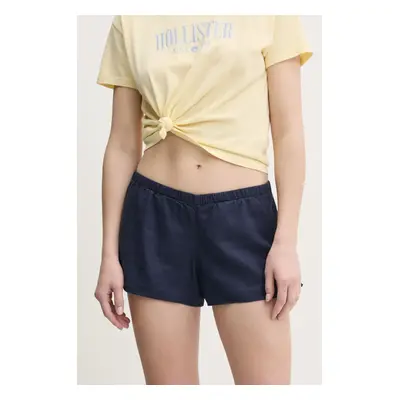 Lněné kraťasy Hollister Co. dámské, tmavomodrá barva, hladké, high waist, KI349-5077