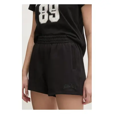 Bavlněné šortky Dkny dámské, černá barva, hladké, high waist, DP5S5252