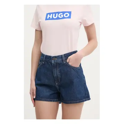 Džínové šortky Hugo Blue dámské, tmavomodrá barva, hladké, high waist, 50539842