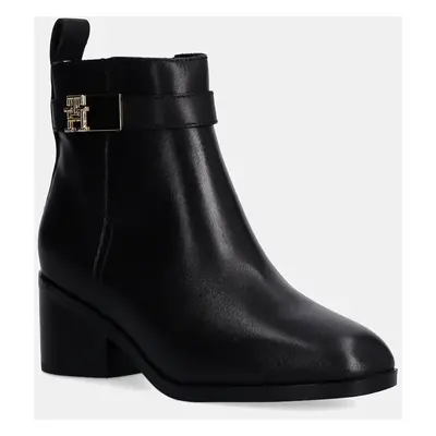 Kožené kotníkové boty Tommy Hilfiger TH LOGO MID HEEL BOOTIE dámské, černá barva, na podpatku, F