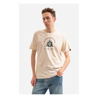 Bavlněné tričko Alpha Industries béžová barva, s potiskem, 106515.136-cream