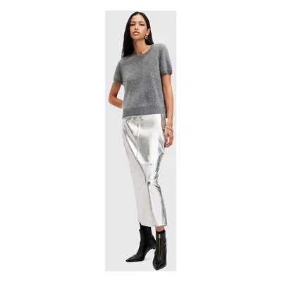 Kožená sukně AllSaints RENAI PENCIL SKIRT stříbrná barva, midi, W070RB