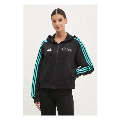 Bavlněná mikina adidas x Mercedes dámská, černá barva, s kapucí, s potiskem, JV5436