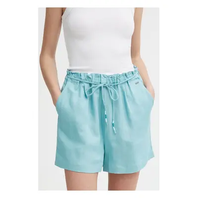 Plátěné kraťasy Pepe Jeans MARTA tyrkysová barva, hladké, high waist, PL801099