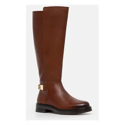 Kozačky Tommy Hilfiger TH LOGO LEATHER LONG BOOT dámské, hnědá barva, na plochém podpatku, lehce