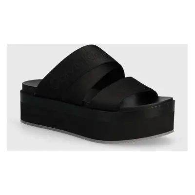 Pantofle Calvin Klein Jeans FLATFORM SANDAL WEBBING IN MR dámské, černá barva, na platformě, YW0