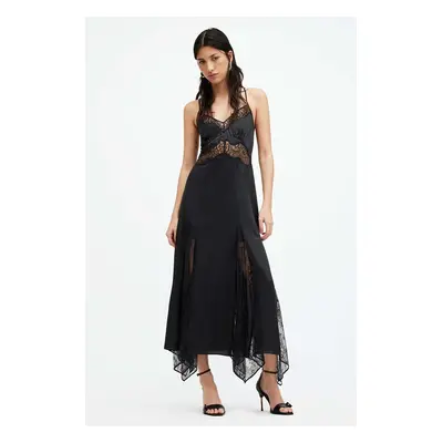 Šaty s hedvábím AllSaints JASMINE DRESS černá barva, maxi, W063DA