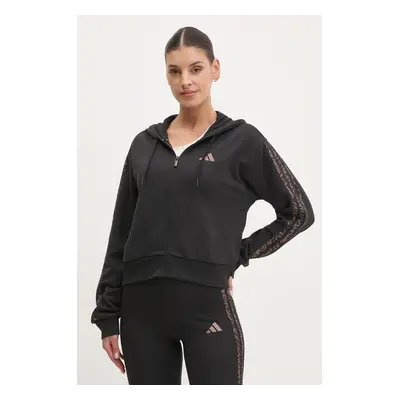 Mikina adidas Essentials Animal dámská, černá barva, s kapucí, s aplikací, JM5893