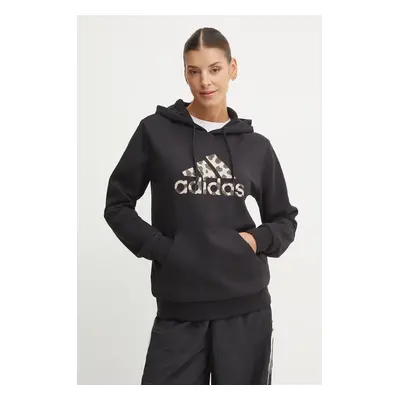 Mikina adidas dámská, černá barva, s kapucí, s potiskem, IW5152